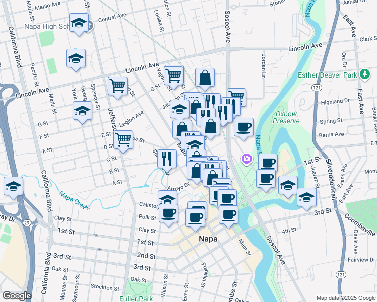 map of restaurants, bars, coffee shops, grocery stores, and more near 1646 Main Street in Napa
