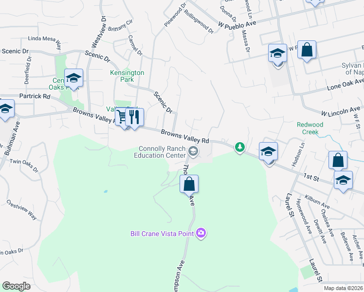 map of restaurants, bars, coffee shops, grocery stores, and more near 3201 Browns Valley Road in Napa