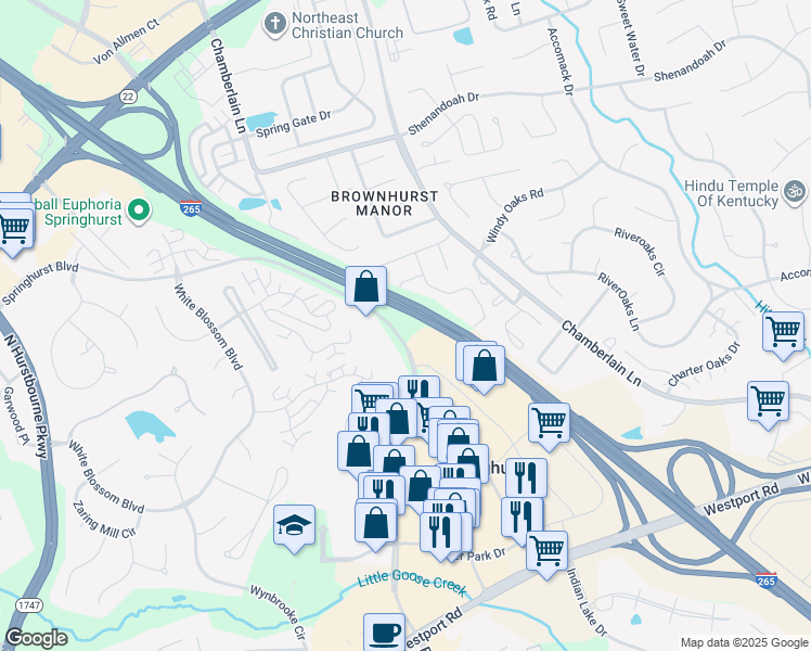 map of restaurants, bars, coffee shops, grocery stores, and more near 3801 Springhurst Boulevard in Louisville