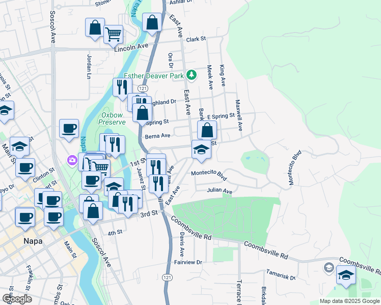 map of restaurants, bars, coffee shops, grocery stores, and more near 26 1st Street in Napa