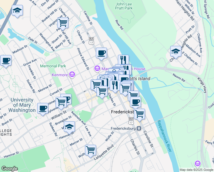 map of restaurants, bars, coffee shops, grocery stores, and more near 1011 Charles Street in Fredericksburg