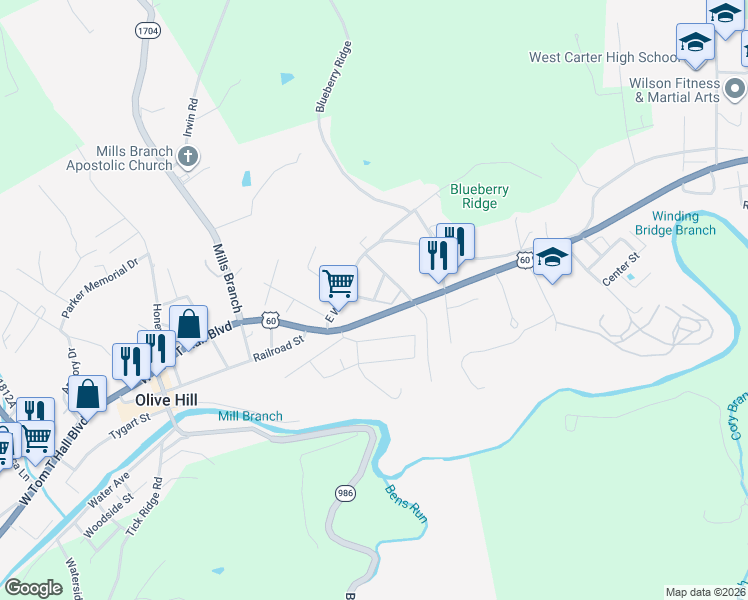map of restaurants, bars, coffee shops, grocery stores, and more near Cold Springs Road in Olive Hill