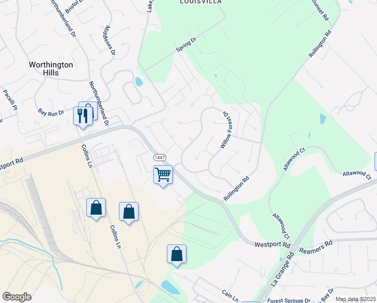 map of restaurants, bars, coffee shops, grocery stores, and more near 12927 Willow Forest Drive in Louisville
