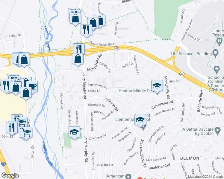map of restaurants, bars, coffee shops, grocery stores, and more near 102 Bonnymede Road in Pueblo