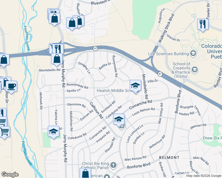 map of restaurants, bars, coffee shops, grocery stores, and more near 159 Bonnymede Road in Pueblo