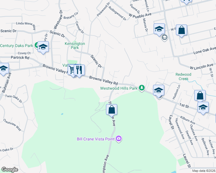 map of restaurants, bars, coffee shops, grocery stores, and more near 3146 Valley Green Lane in Napa