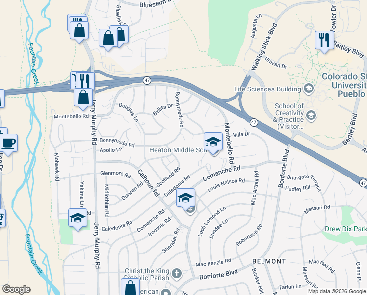 map of restaurants, bars, coffee shops, grocery stores, and more near 180 Bonnymede Road in Pueblo