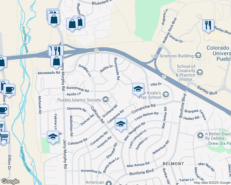 map of restaurants, bars, coffee shops, grocery stores, and more near 124 Scotland Road in Pueblo