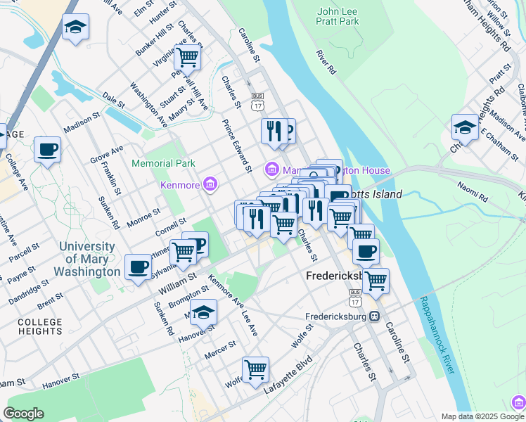 map of restaurants, bars, coffee shops, grocery stores, and more near 1100 Prince Edward Street in Fredericksburg