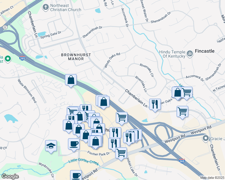 map of restaurants, bars, coffee shops, grocery stores, and more near 10518 Bay Pointe Court in Louisville