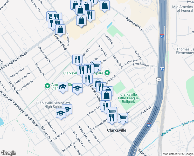 map of restaurants, bars, coffee shops, grocery stores, and more near Owens Way in Clarksville