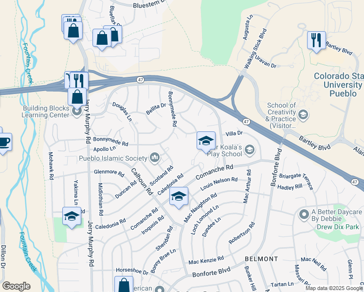 map of restaurants, bars, coffee shops, grocery stores, and more near 180 Bonnymede Road in Pueblo