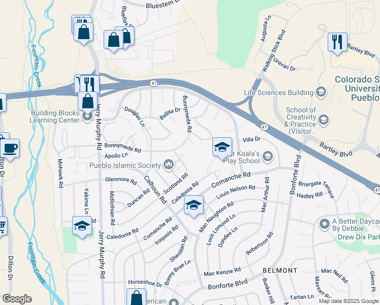 map of restaurants, bars, coffee shops, grocery stores, and more near 180 Bonnymede Road in Pueblo