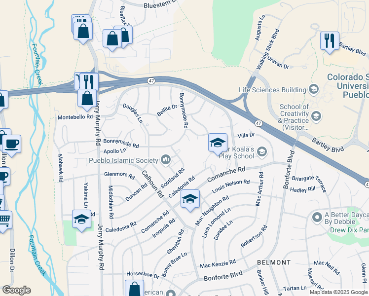 map of restaurants, bars, coffee shops, grocery stores, and more near 180 Bonnymede Road in Pueblo