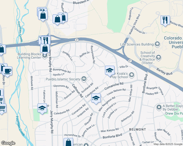 map of restaurants, bars, coffee shops, grocery stores, and more near 180 Bonnymede Road in Pueblo