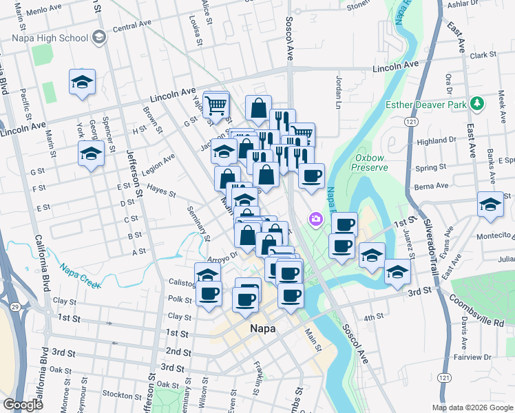map of restaurants, bars, coffee shops, grocery stores, and more near 911 Vallejo Street in Napa