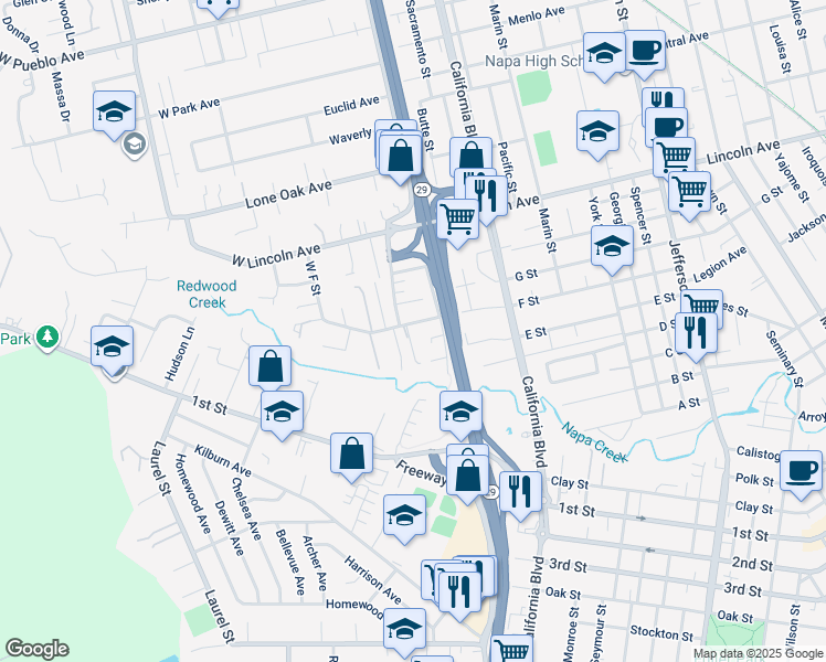 map of restaurants, bars, coffee shops, grocery stores, and more near 2014 West F Street in Napa