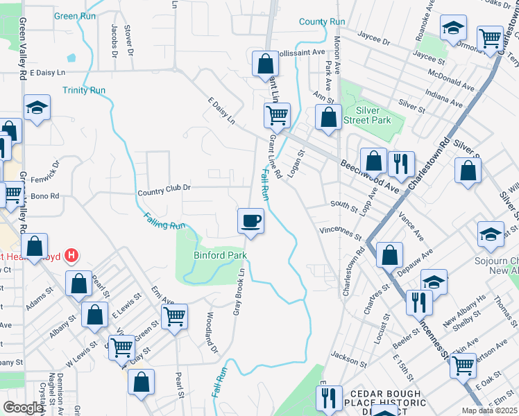 map of restaurants, bars, coffee shops, grocery stores, and more near 1815 Gray Brook Lane in New Albany
