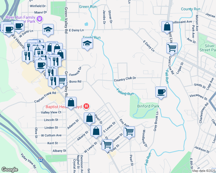 map of restaurants, bars, coffee shops, grocery stores, and more near 326 Country Club Drive in New Albany