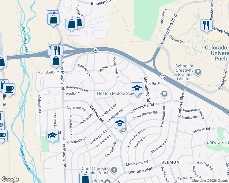 map of restaurants, bars, coffee shops, grocery stores, and more near 180 Bonnymede Road in Pueblo