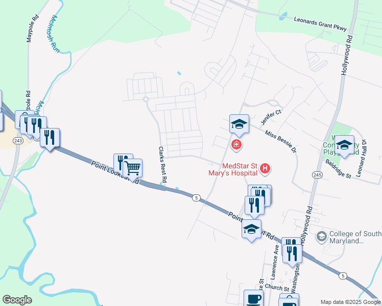 map of restaurants, bars, coffee shops, grocery stores, and more near 41412 Doctors Crossing Road in Leonardtown