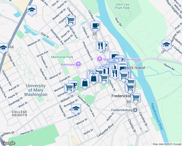 map of restaurants, bars, coffee shops, grocery stores, and more near 1109 Winchester Street in Fredericksburg