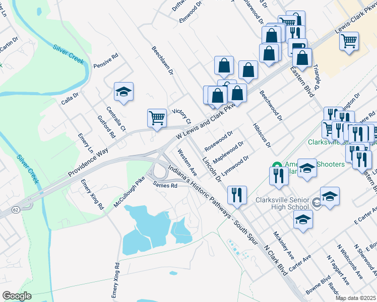 map of restaurants, bars, coffee shops, grocery stores, and more near 18 Lakeview Drive in Clarksville