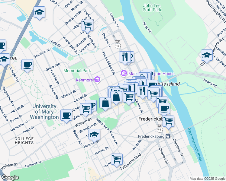map of restaurants, bars, coffee shops, grocery stores, and more near 1109 Winchester Street in Fredericksburg