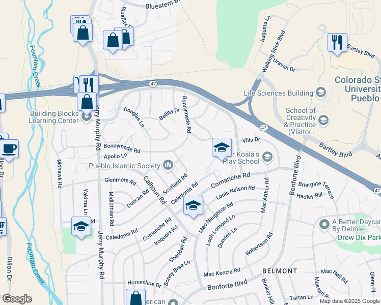 map of restaurants, bars, coffee shops, grocery stores, and more near 180 Bonnymede Road in Pueblo