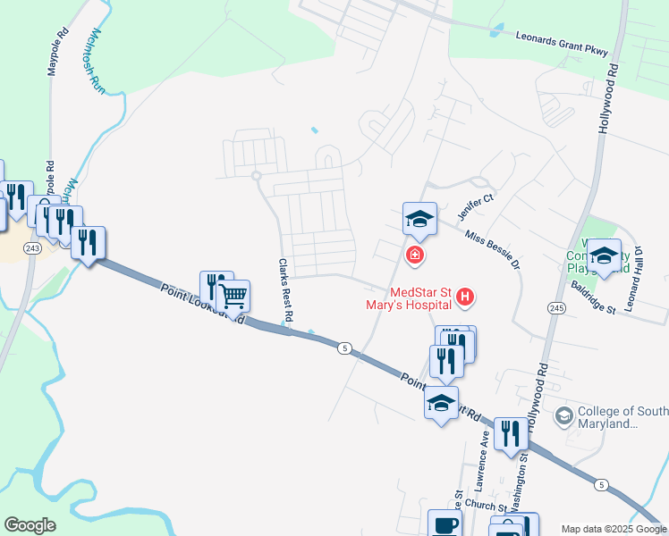map of restaurants, bars, coffee shops, grocery stores, and more near 41412 Doctors Crossing Road in Leonardtown
