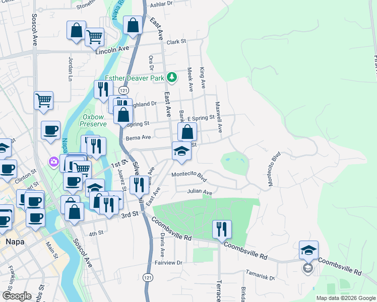 map of restaurants, bars, coffee shops, grocery stores, and more near 116 East 1st Street in Napa