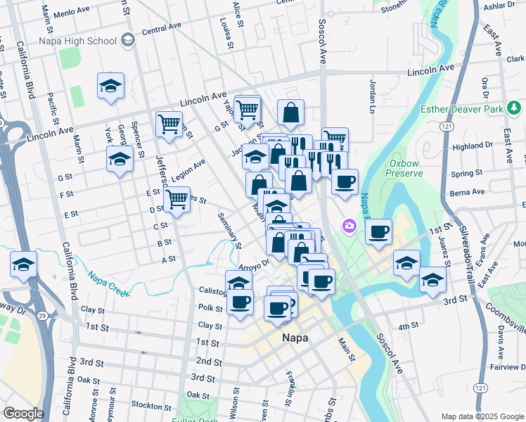 map of restaurants, bars, coffee shops, grocery stores, and more near 1646 Main Street in Napa