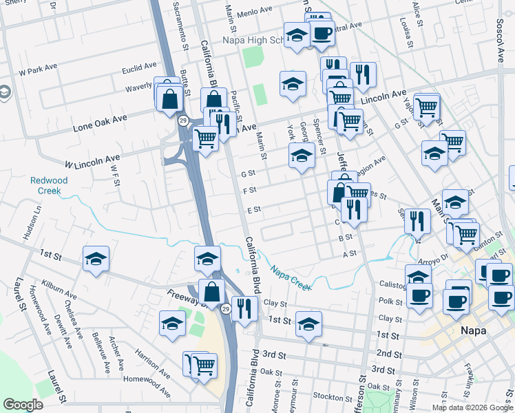 map of restaurants, bars, coffee shops, grocery stores, and more near 1721 F Street in Napa