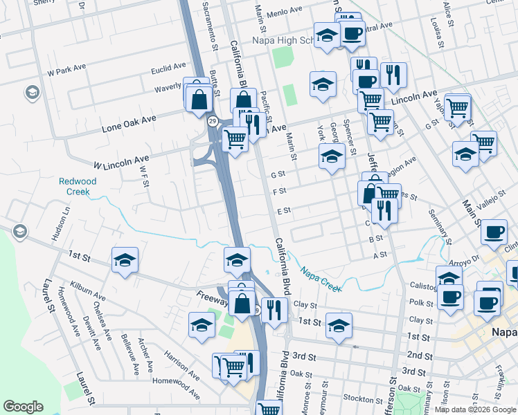 map of restaurants, bars, coffee shops, grocery stores, and more near 1903 F Street in Napa