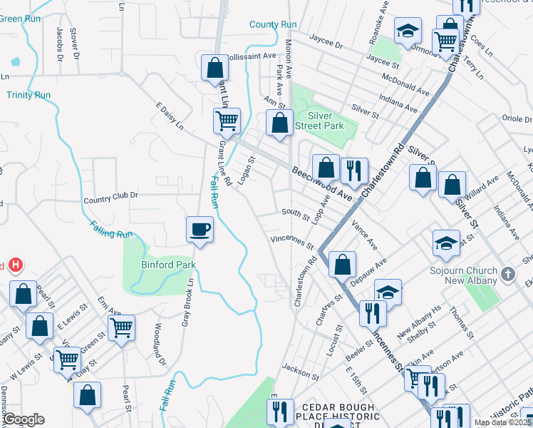 map of restaurants, bars, coffee shops, grocery stores, and more near 1448 South Street in New Albany