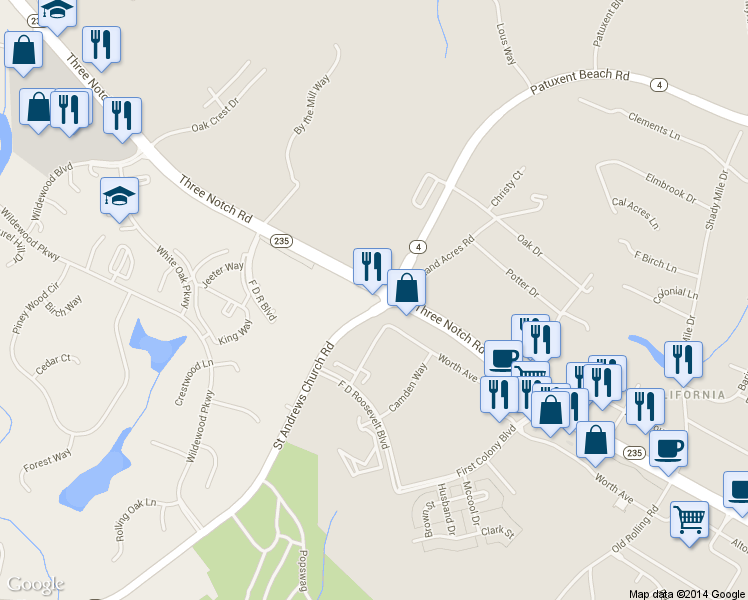 map of restaurants, bars, coffee shops, grocery stores, and more near 23171 Three Notch Road in California