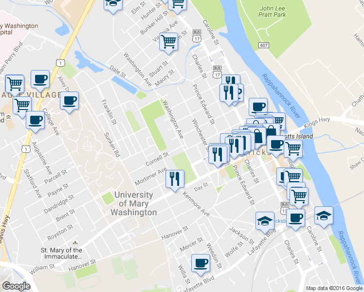 map of restaurants, bars, coffee shops, grocery stores, and more near 1204 Washington Avenue in Fredericksburg