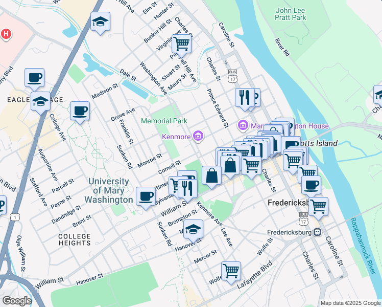 map of restaurants, bars, coffee shops, grocery stores, and more near 1204 Washington Avenue in Fredericksburg