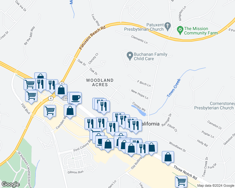 map of restaurants, bars, coffee shops, grocery stores, and more near 23162 Old Pine Court in California