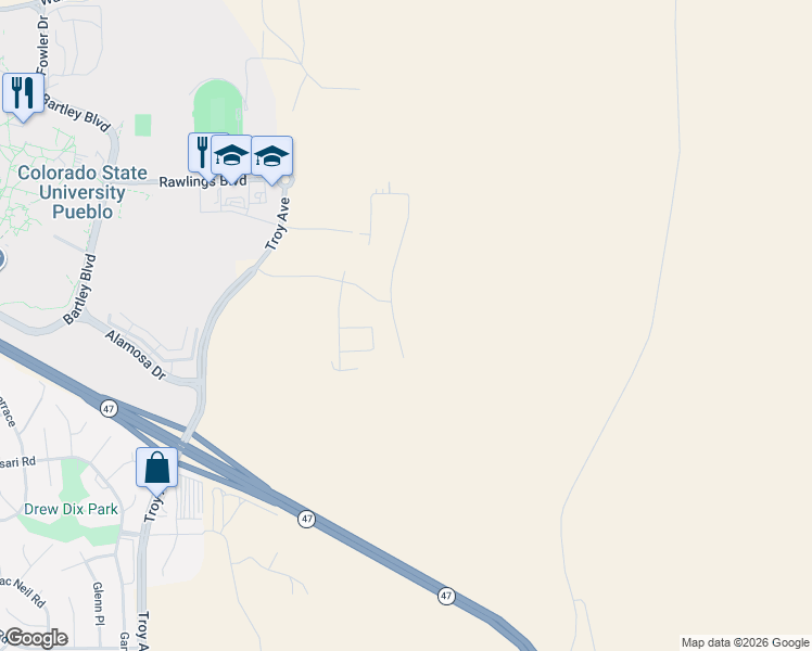 map of restaurants, bars, coffee shops, grocery stores, and more near Troy Avenue in Pueblo