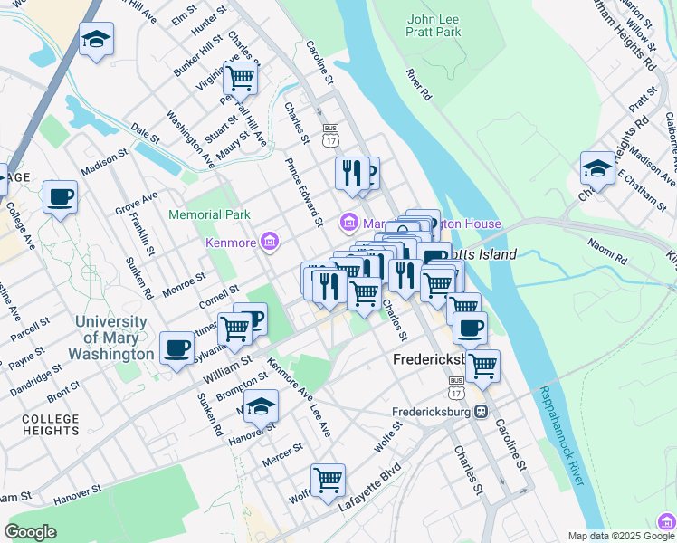 map of restaurants, bars, coffee shops, grocery stores, and more near 1102 Prince Edward Street in Fredericksburg