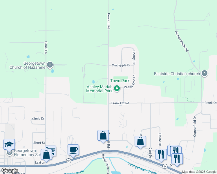 map of restaurants, bars, coffee shops, grocery stores, and more near 2101 Henriott Road in Georgetown