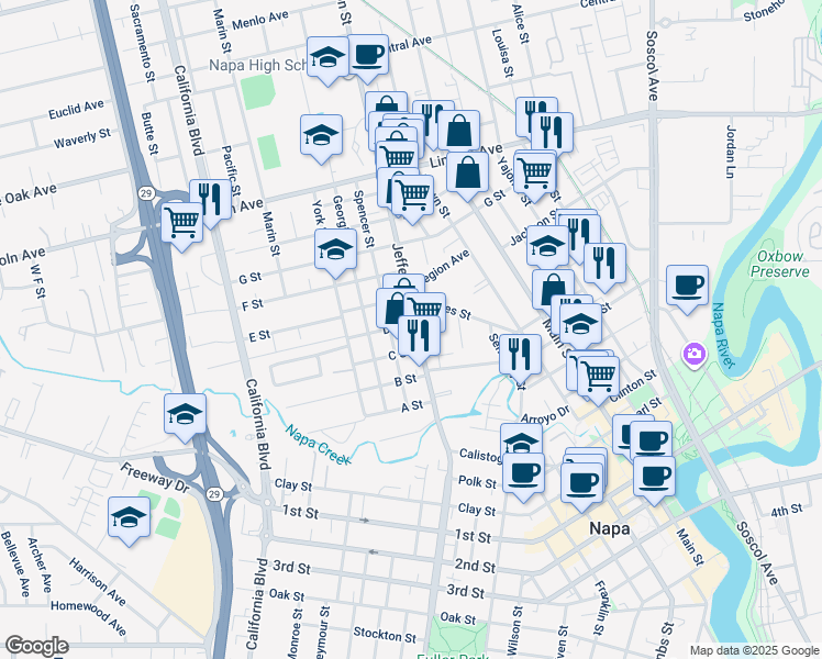map of restaurants, bars, coffee shops, grocery stores, and more near 1340 D Street in Napa