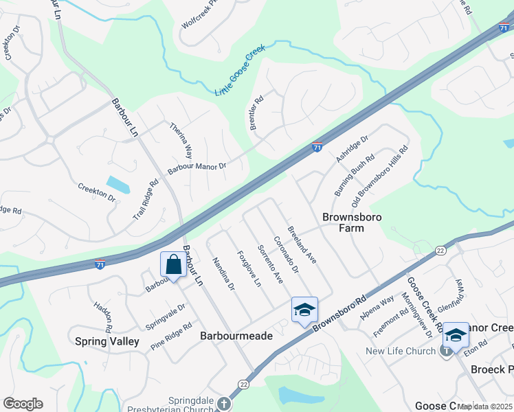 map of restaurants, bars, coffee shops, grocery stores, and more near 8106 Springlake Drive in Louisville