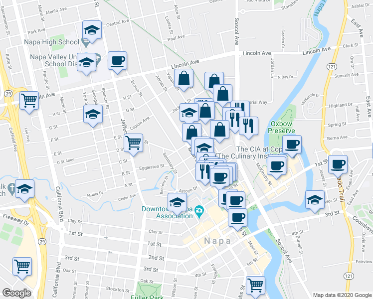 map of restaurants, bars, coffee shops, grocery stores, and more near 1646 Main Street in Napa