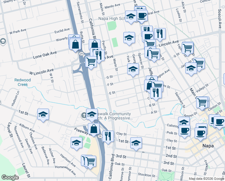 map of restaurants, bars, coffee shops, grocery stores, and more near 1721 F Street in Napa