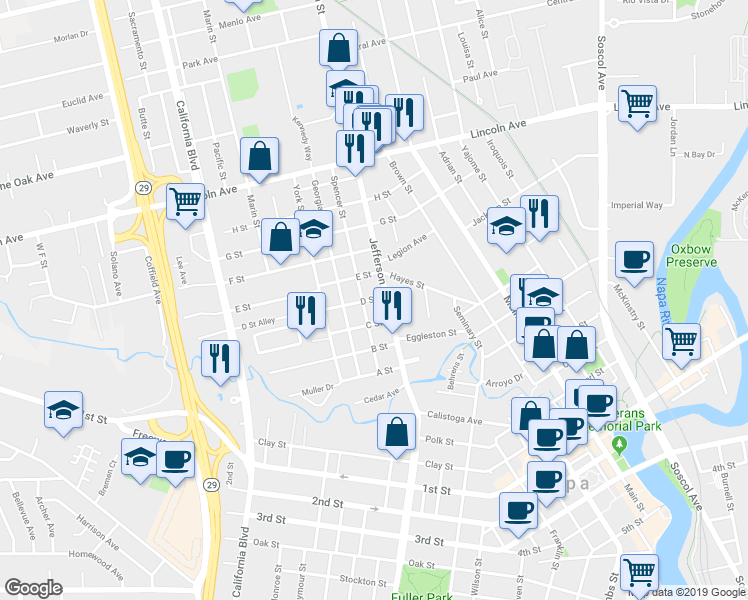 map of restaurants, bars, coffee shops, grocery stores, and more near 1345 D Street in Napa