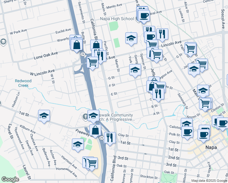 map of restaurants, bars, coffee shops, grocery stores, and more near 1721 F Street in Napa