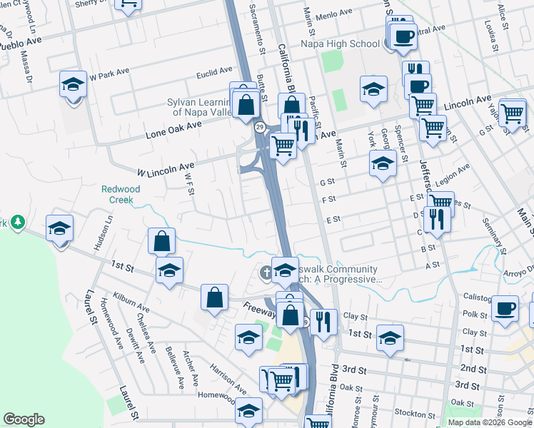 map of restaurants, bars, coffee shops, grocery stores, and more near 2007 West F Street in Napa