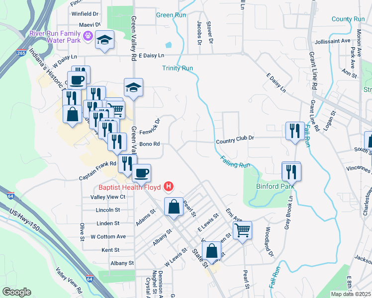 map of restaurants, bars, coffee shops, grocery stores, and more near 310 Country Club Drive in New Albany